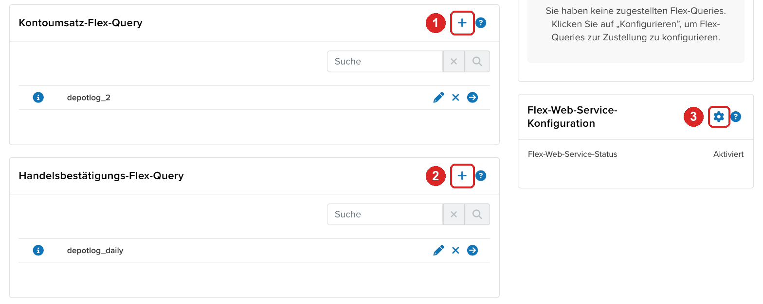 Übersicht der Flex-Queries mit den drei markierten Stellen