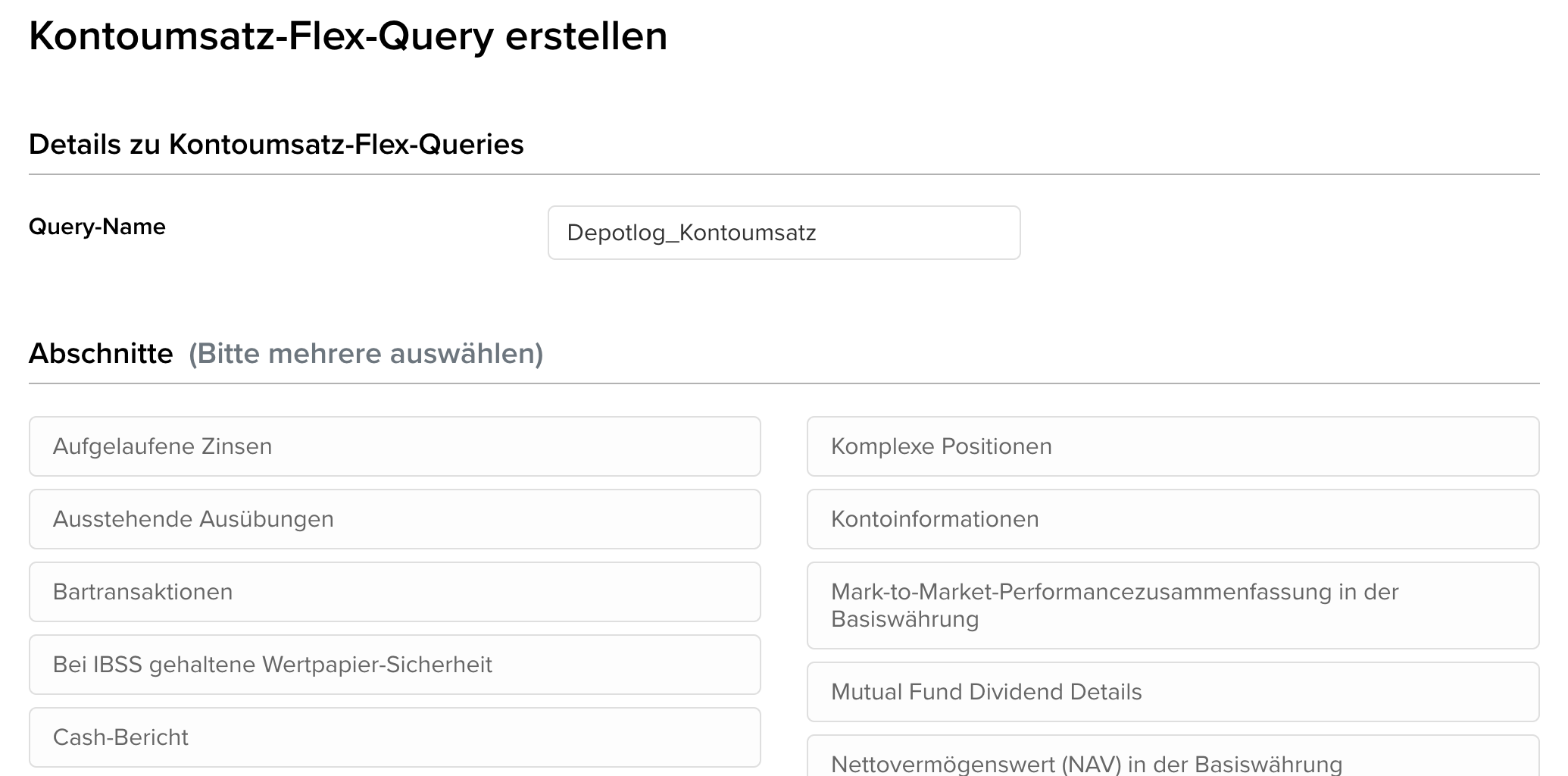 Neue Kontoumsatz-Flex-Query mit Name und Abschnittsliste