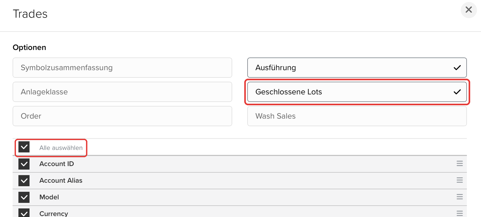 Abschnitt Trades mit den Optionen Ausführung und Geschlossene Lots