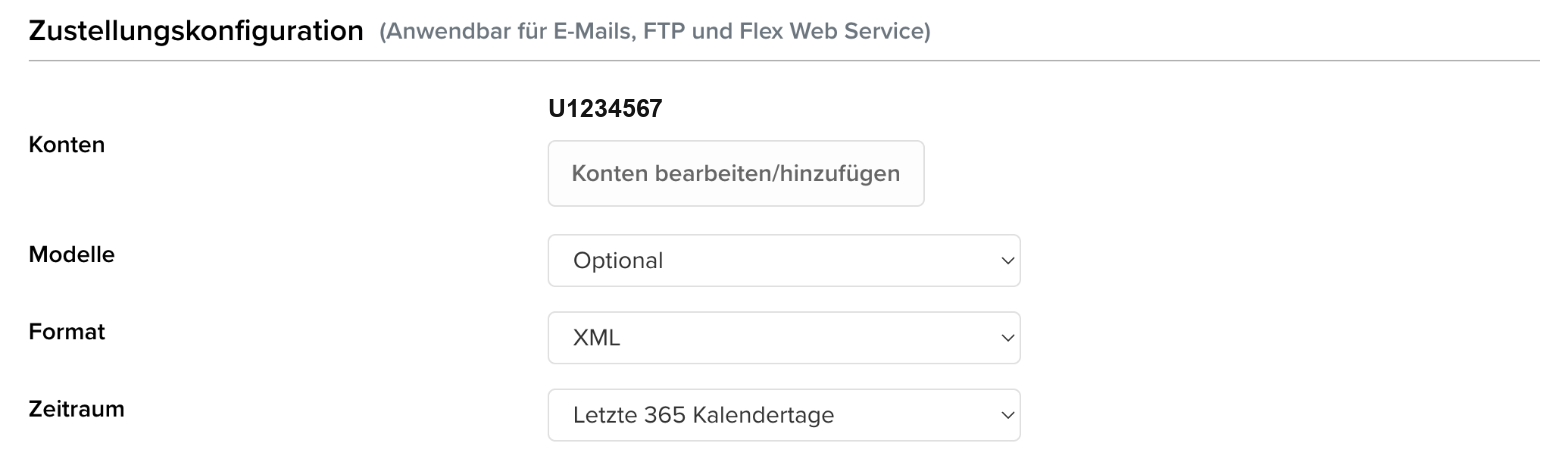 Zustellungskonfiguration mit Konten, Format XML und Zeitraum 365 Tage