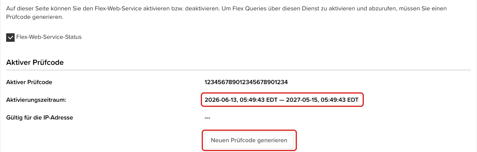 Seite Flex-Web-Service konfigurieren mit Aktivierungszeitraum und Knopf Neuen Prüfcode generieren