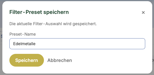 Filter-Preset-Bar mit Speichern-Chip