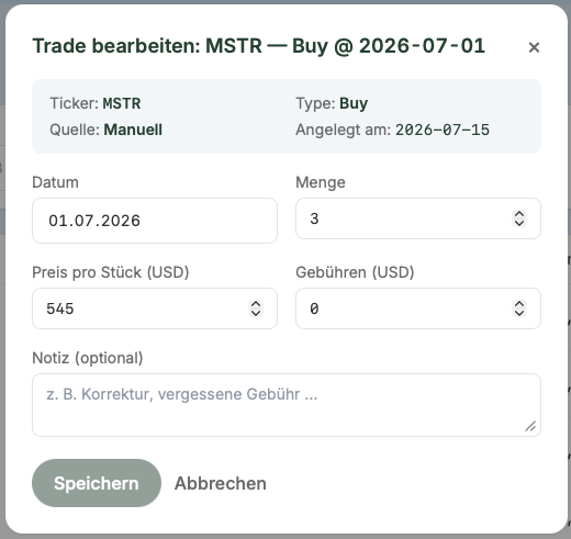 Edit-Modal einer manuellen Transaktion